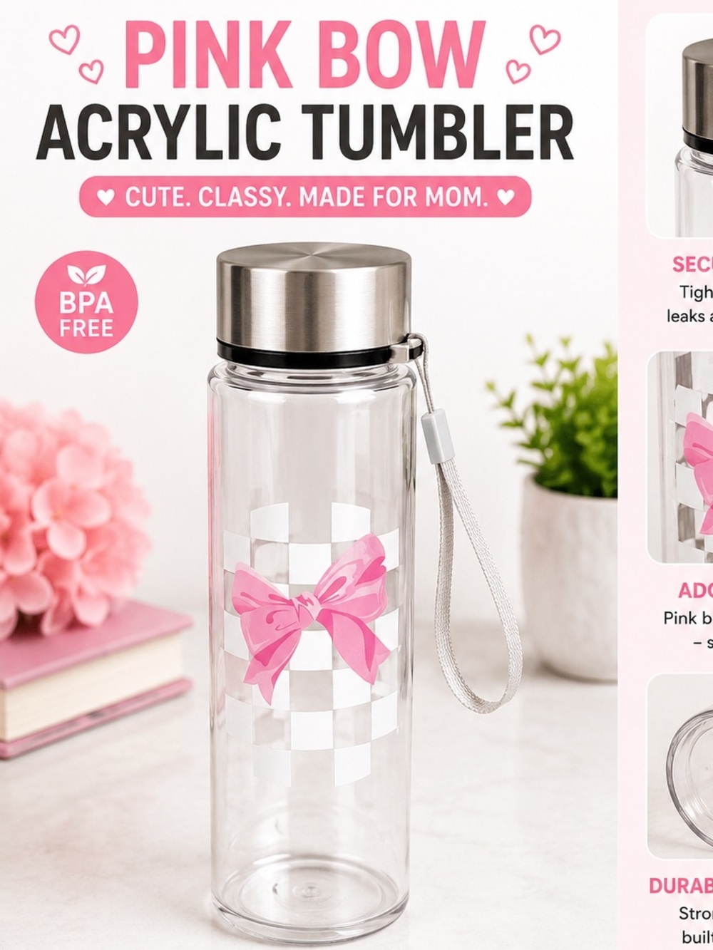 Hand Crafted Clear Cherry Glass Water Bottle with Silver Lid